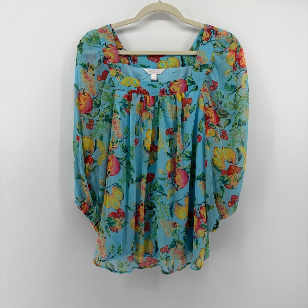 LC Lauren Conrad Womens Small Blue Fruit Print Blouse‎ Square Neck Puff Sleeve